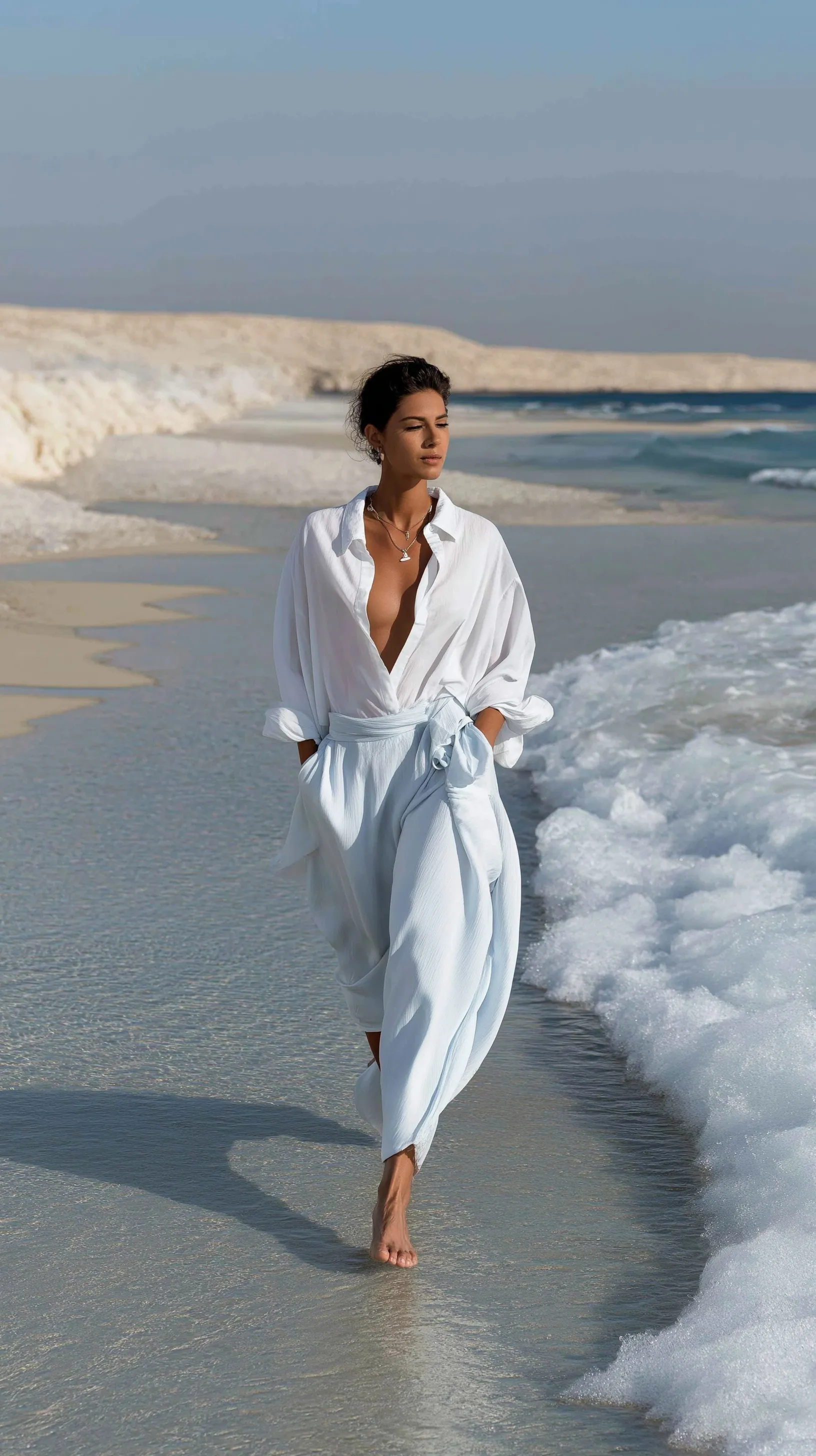 A woman in a linen summer outfit walking along a sandy Greek island beach during a cinematic golden hour sunset.