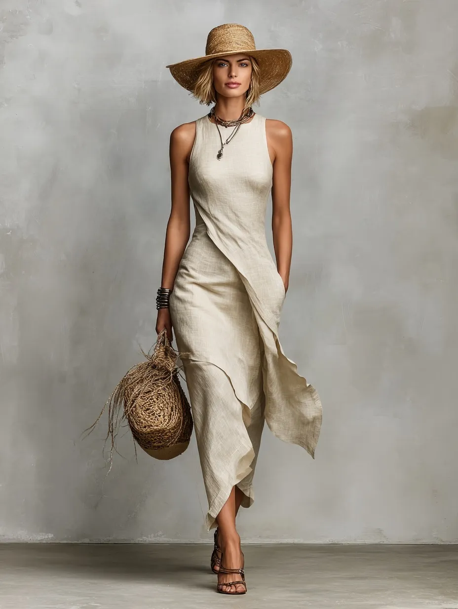 A model wearing a sleeveless O-shaped linen resort dress, straw bag, and hat against a neutral gray studio background.