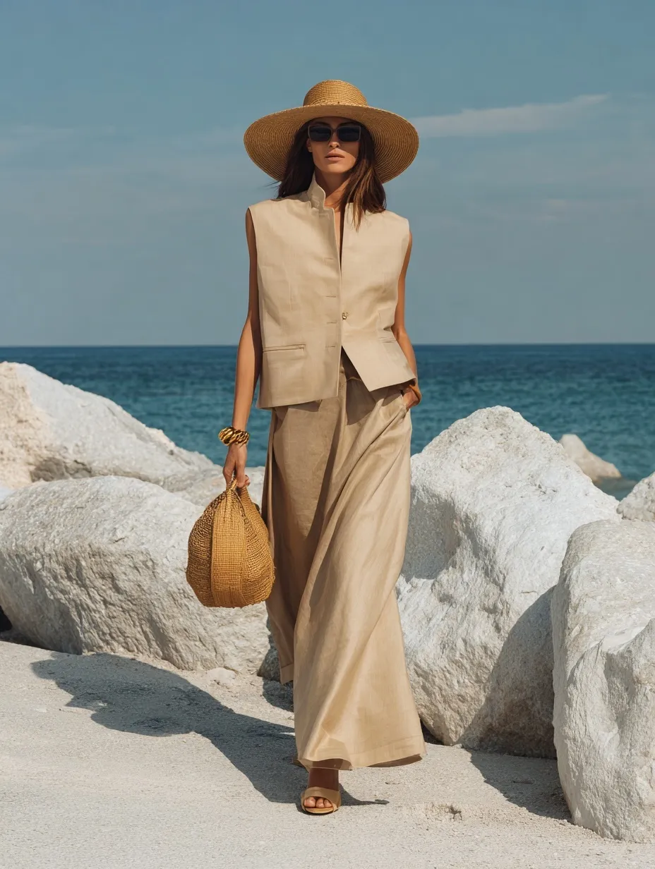 A supermodel in a beige linen vest and long skirt outfit with a straw hat and bag walking on a sunny beach.