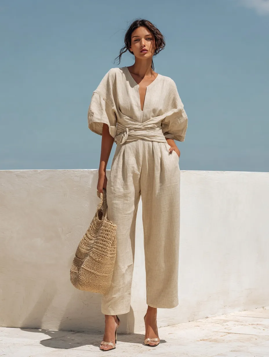 A woman in a beige linen short-sleeve jumpsuit and wide-leg pants holding a boho-style natural fabric beach bag.