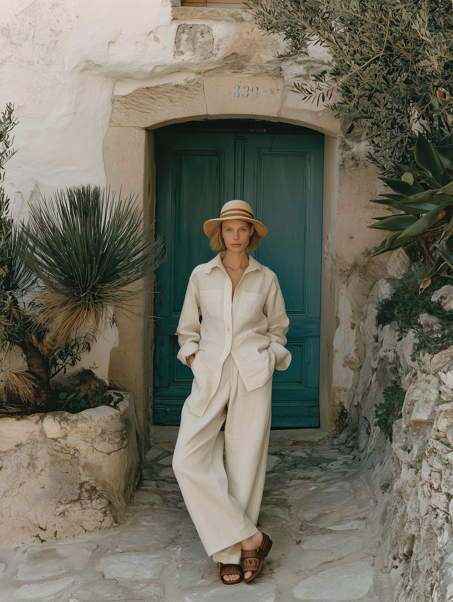 Stylish woman in a linen summer outfit and beige jeans standing in a Mediterranean village setting.