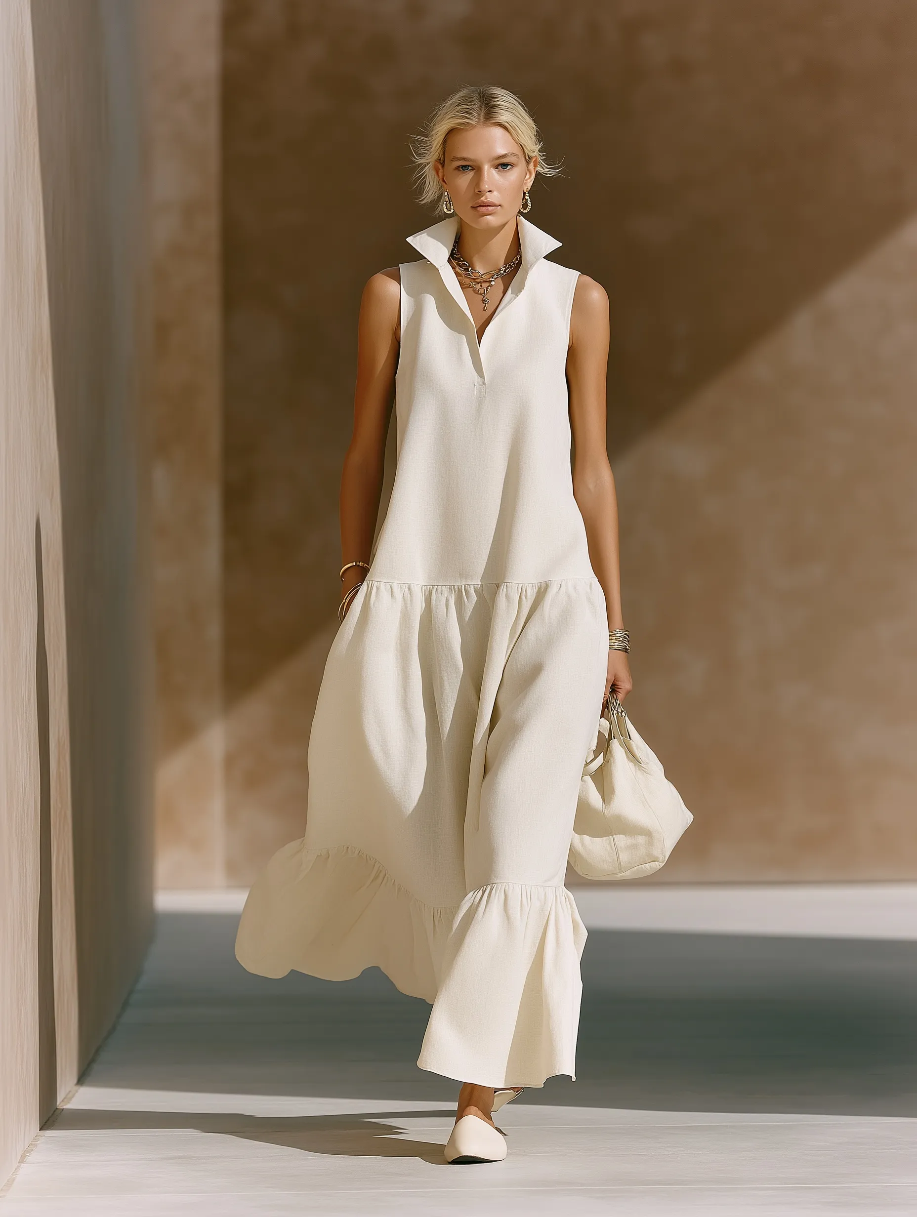 Elegant woman in a stylish off-white linen sleeveless dress walking against a vintage brown backdrop.