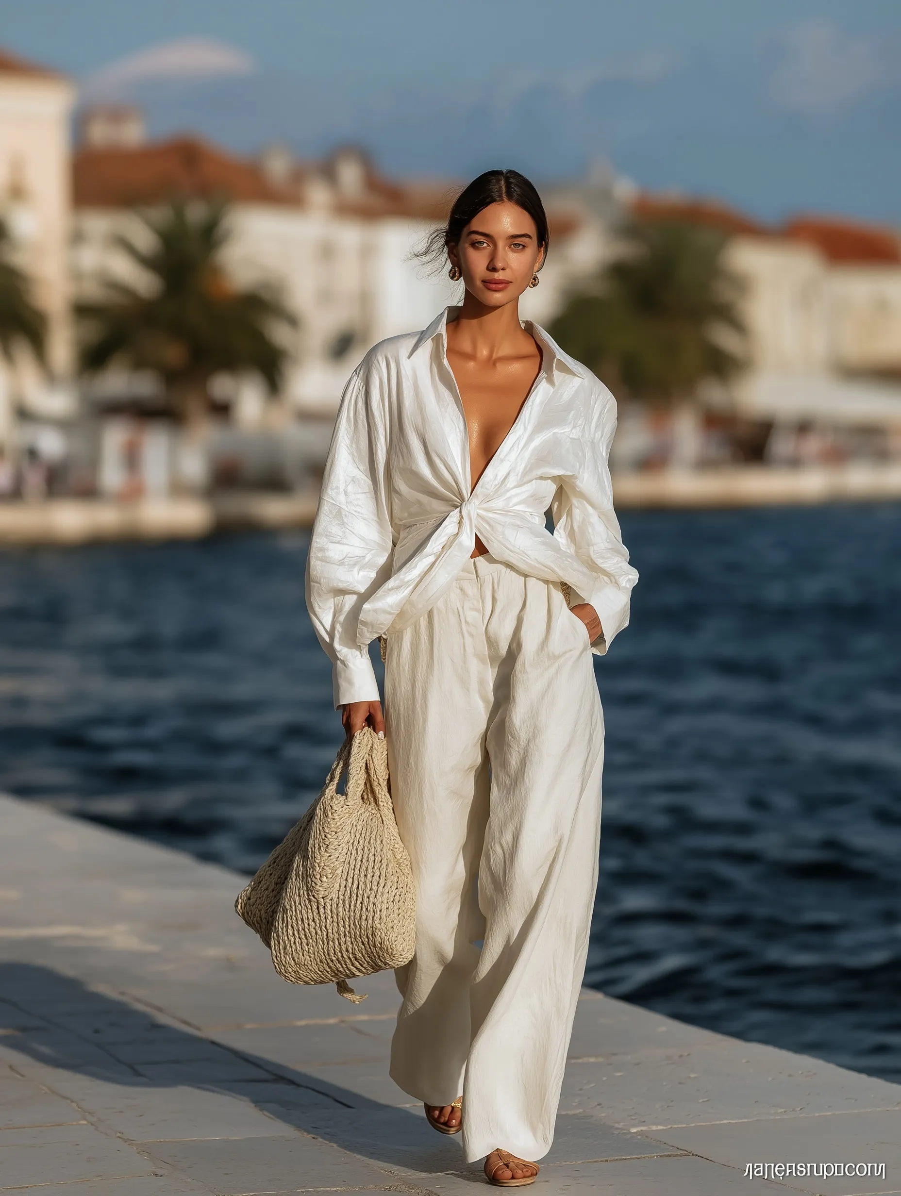 A stylish woman in a linen summer outfit and straw bag walking along a sunny Mediterranean seaside promenade.