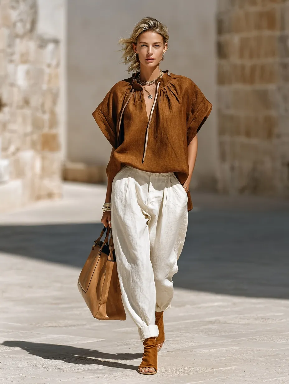A 40-year-old woman in a brown linen summer outfit and sandals walking confidently in a bright outdoor plaza.