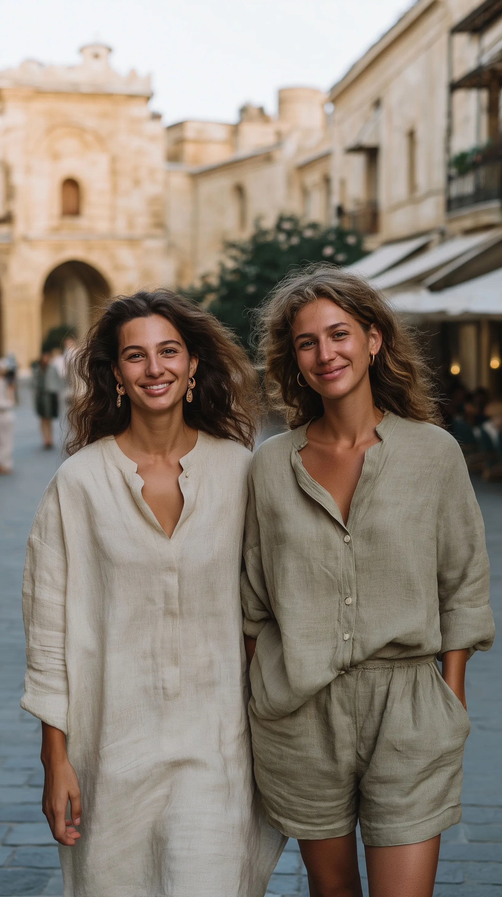 Two elegant women in stylish linen outfits walking through the historic stone streets of Baku old town.
