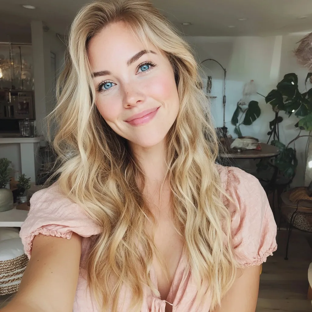 A smiling 25-year-old woman with long blonde wavy hair and blue eyes taking a selfie in a bright living room.