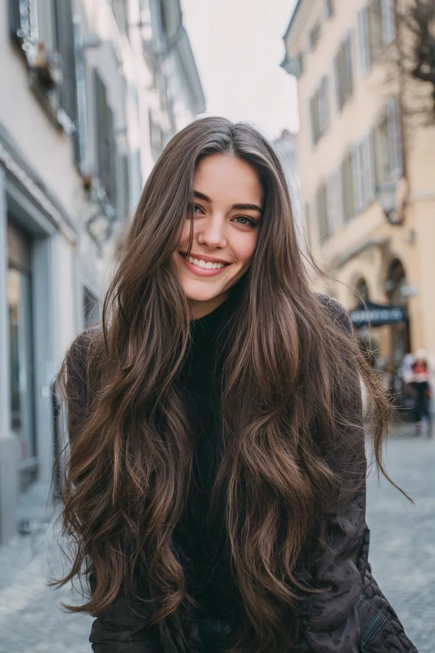 A smiling woman with long brown wavy hair in a middle-parted hairstyle posing on a city street in natural light.