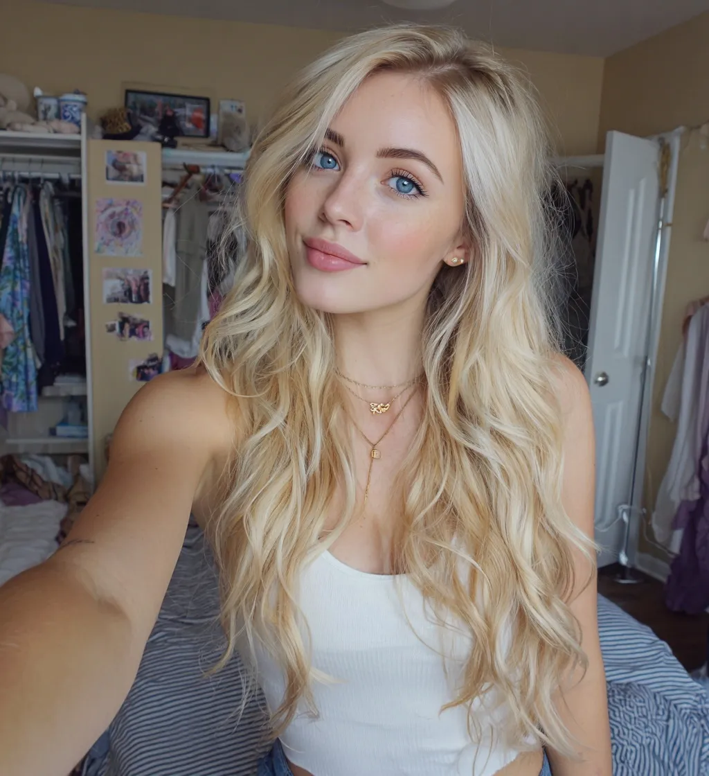 A blonde model with long loose wavy hair and blue eyes taking a selfie in a bedroom while wearing a white tank top.