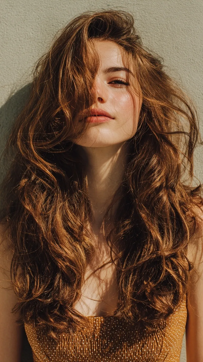 A girl with chestnut brown long wavy hair in a playful tousled style standing outdoors in natural lighting.