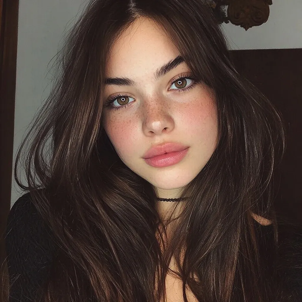 A beautiful young woman with long, loose wavy dark brown hair and hazel eyes taking a phone selfie.