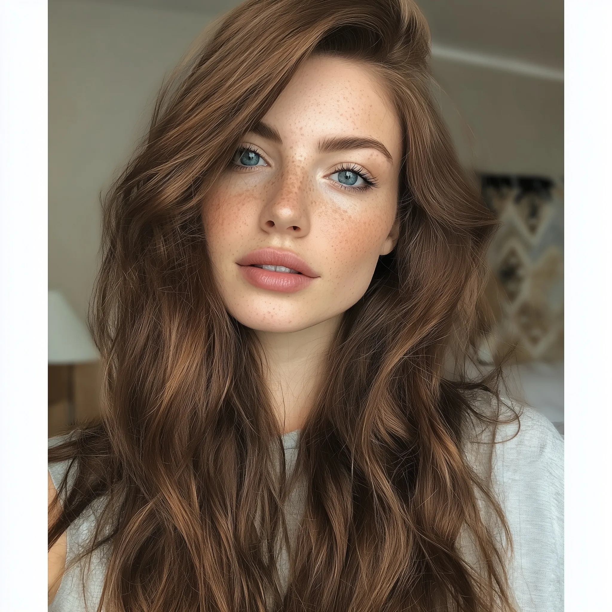 Portrait of a beautiful 22-year-old woman with long loose brown wavy hair and blue eyes, ultra-realistic style.