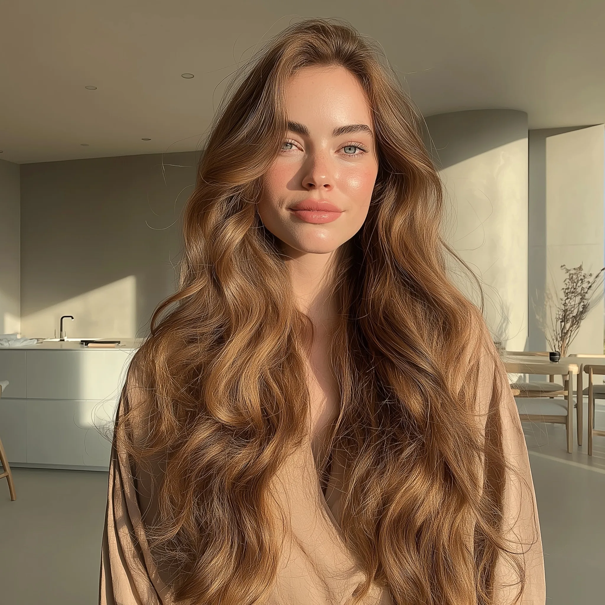 Elegant young woman with long voluminous golden brown wavy hair in a sunlit modern interior.