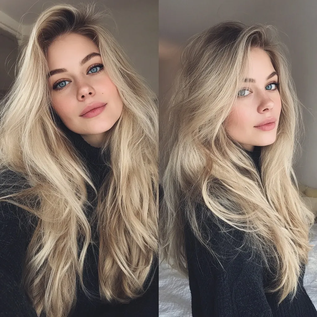 A beautiful blue-eyed blonde woman with long loose wavy hair looking at the camera in a half-turn pose.