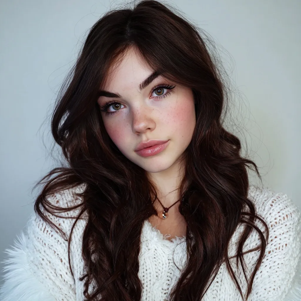A cute brunette girl with long hair styled in soft, loose waves looking towards the camera.