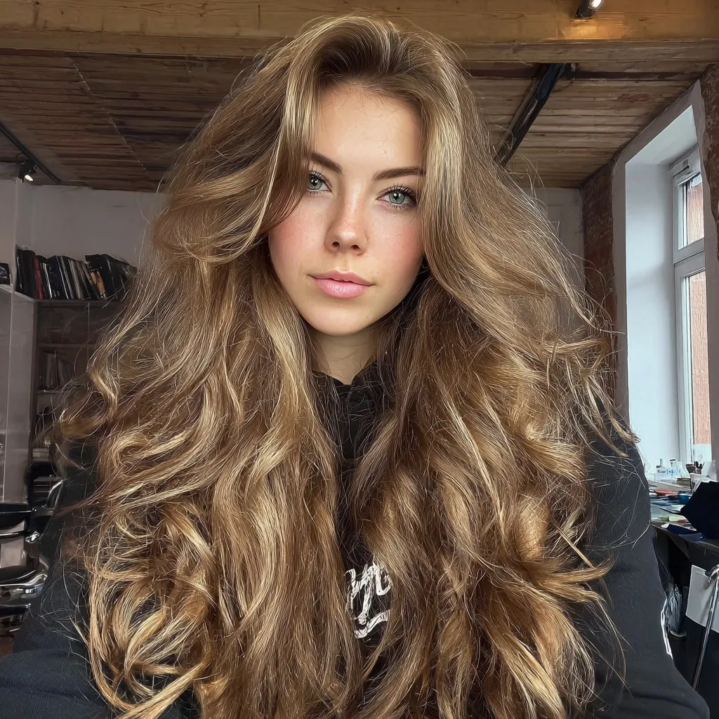 A model with long, voluminous loose waves hairstyle posing with a natural, healthy shine.