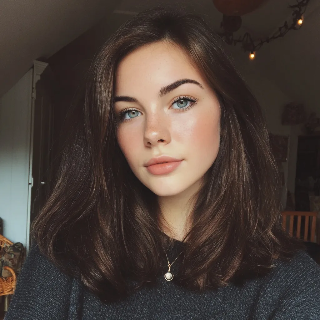 A beautiful young Welsh woman with long, natural loose wavy hair taking a realistic selfie.