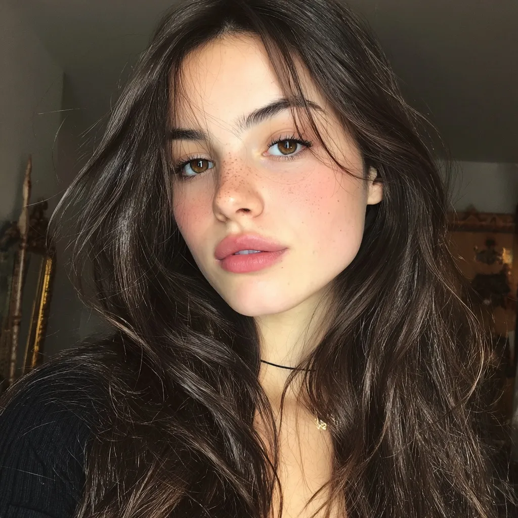 A beautiful young woman with long wavy dark brown hair and hazel eyes taking a natural makeup selfie.
