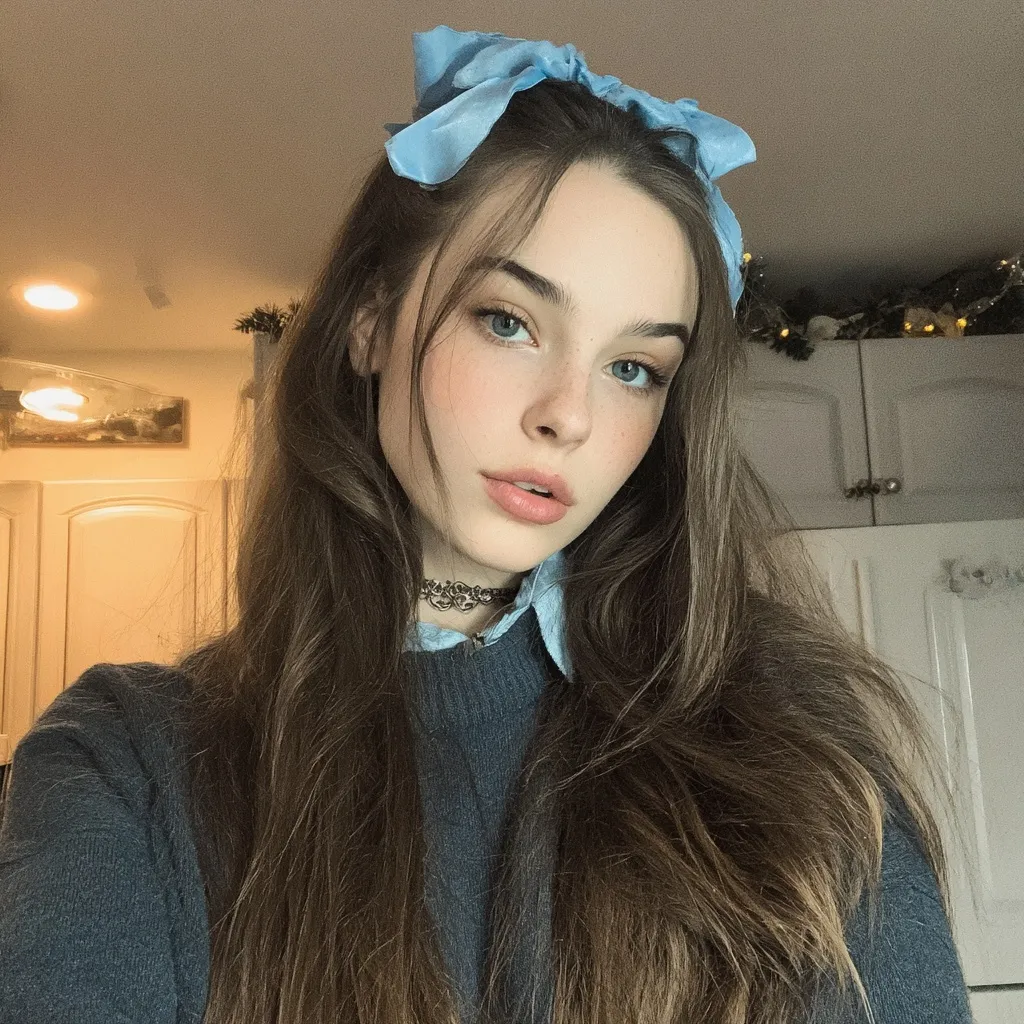 A woman with long wavy hair styled with a sky blue ribbon looking directly at the camera.