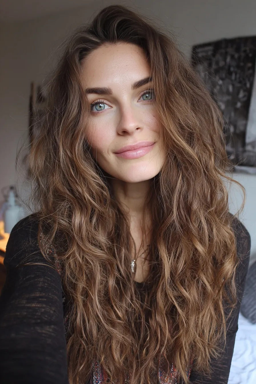 A happy woman with light brunette boho layered hair and loose wavy curls taking an iPhone selfie in a bedroom.