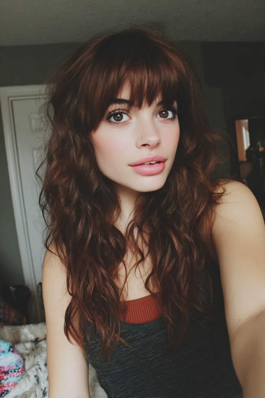 A happy woman with a mahogany brown wavy mid-length bob and parted bangs posing for an iPhone bedroom selfie.