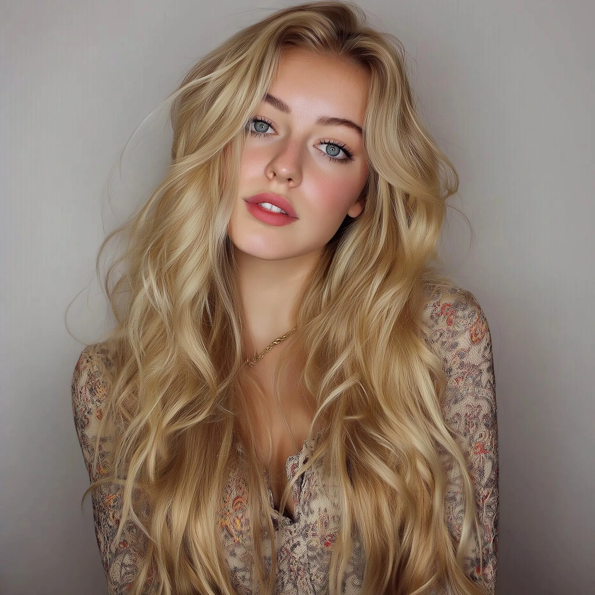 A stunning 20-year-old blonde female college student with beautiful, long loose wavy hair.