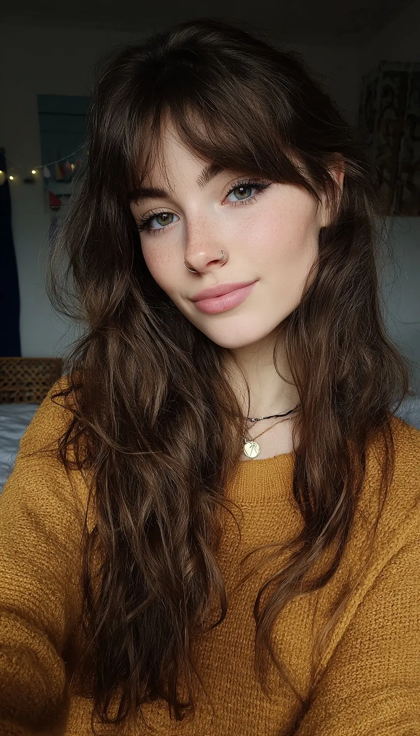 A brunette British college student taking a selfie with beautiful, long loose waves.