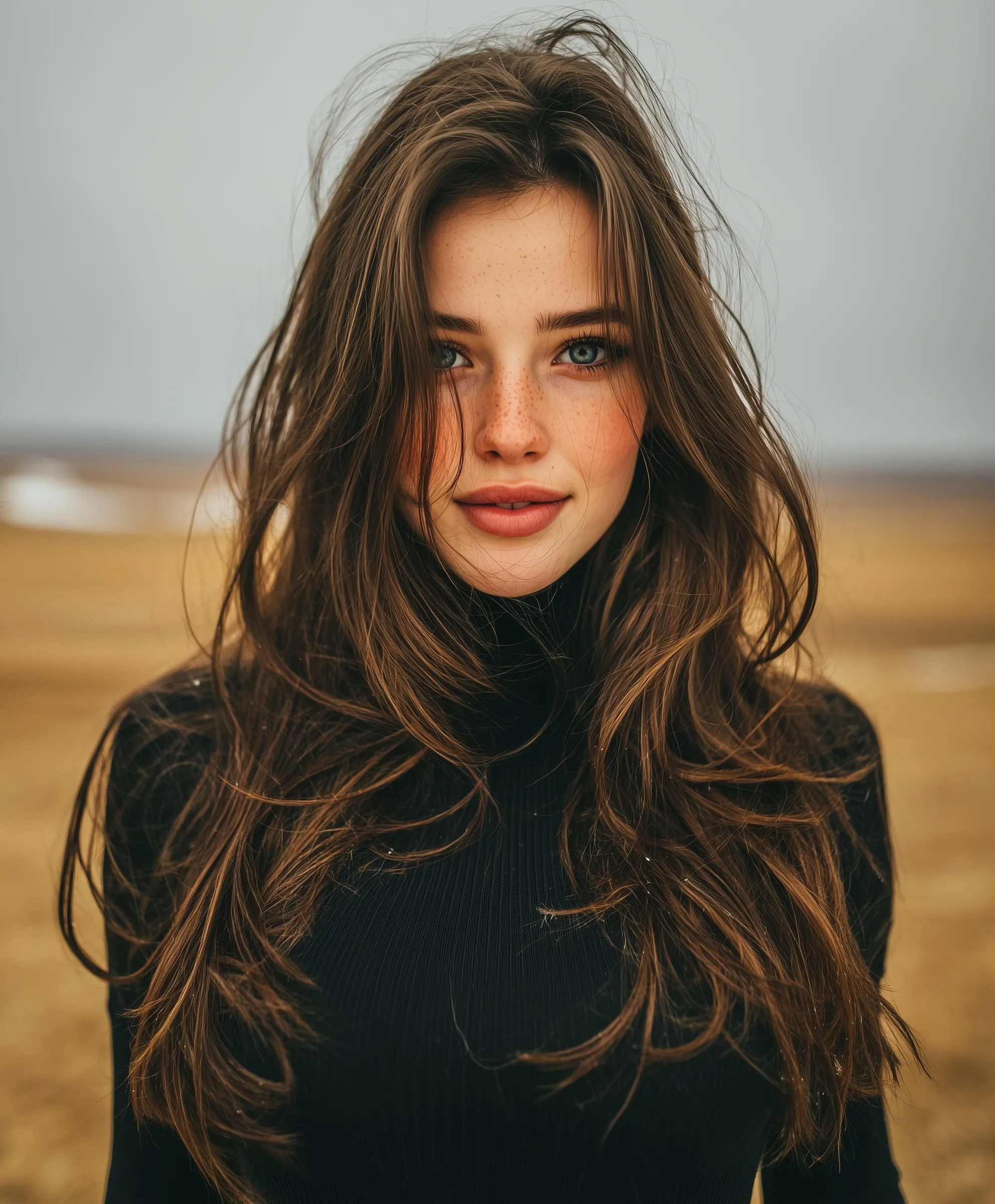 A 39-year-old woman with long chestnut wavy hair in a stylish black dress walking on a desert highway.