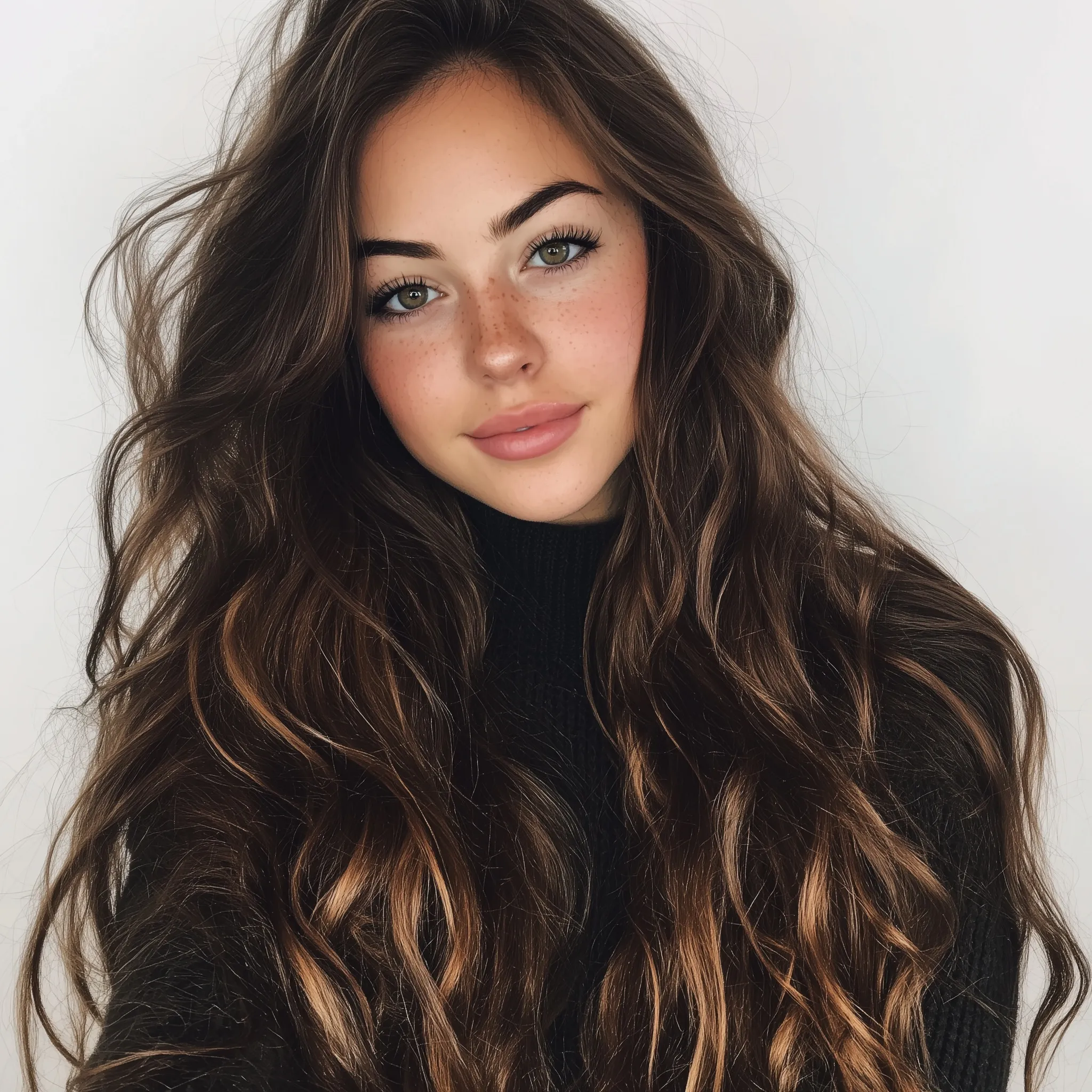 A beautiful 22-year-old brunette woman with long, flowing loose wavy hair posing naturally.