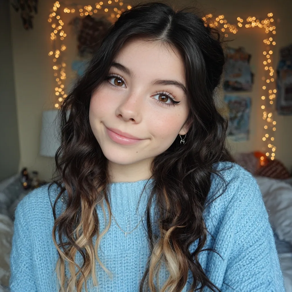 A beautiful teenage girl with long black wavy hair and blonde highlights wearing a light blue sweater.