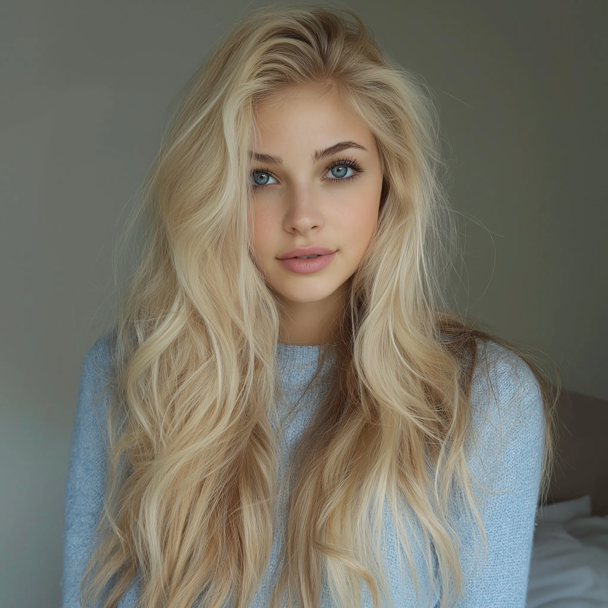 A beautiful 21-year-old woman with long blonde hair in loose waves and striking blue eyes.