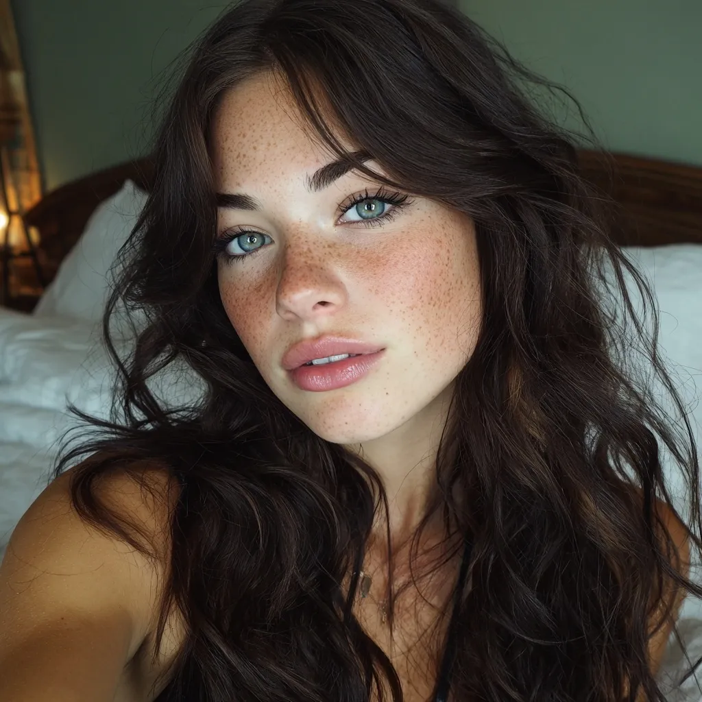 A young woman with long wavy dark brown hair and green-blue eyes taking a selfie on her bed.