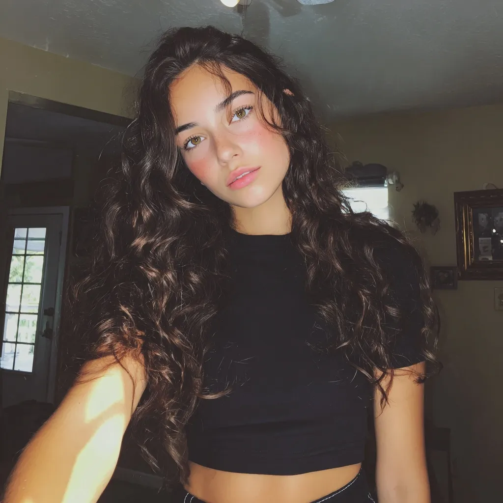A tanned teenage girl with long loose wavy black hair and brown eyes posing for a casual selfie in a black crop top.