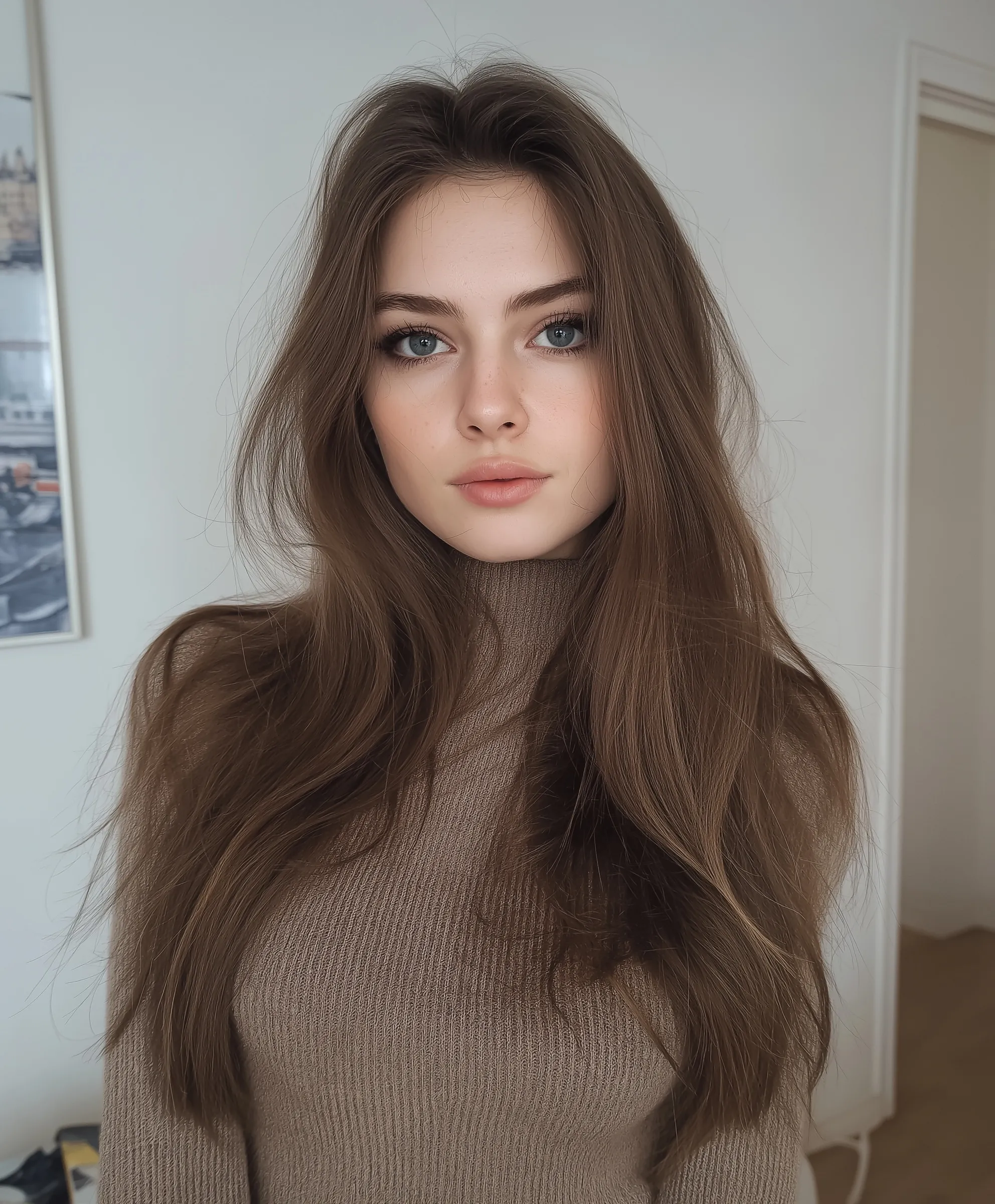 A beautiful 20-year-old girl with long loose wavy hair and perfect makeup looking at the camera.