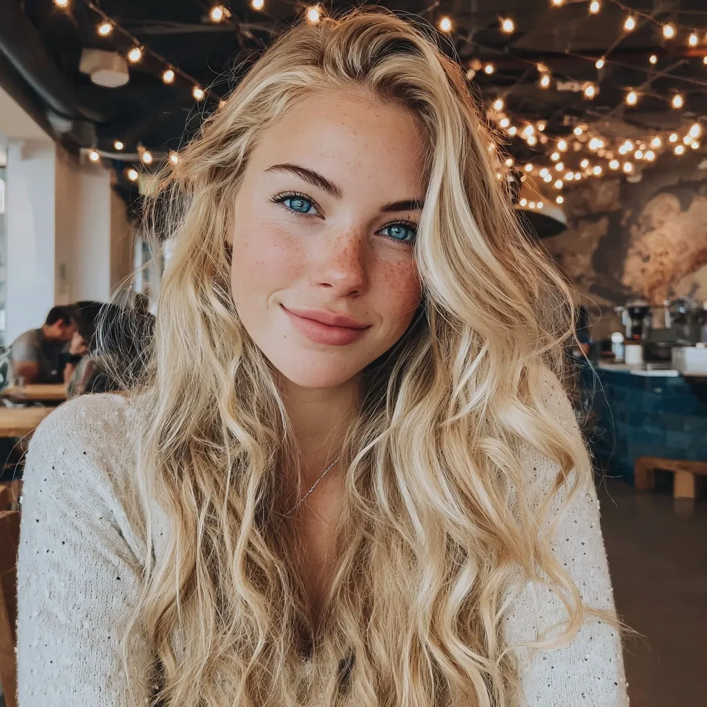Blonde woman with long loose wavy hair and blue eyes sitting in a coffee shop, shot on iPhone.