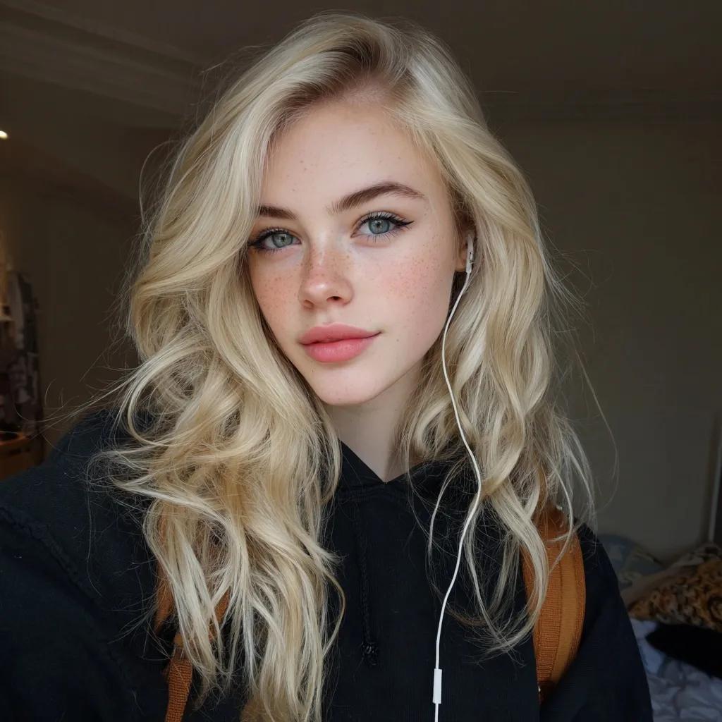 18-year-old British female student with long blonde hair in loose waves.