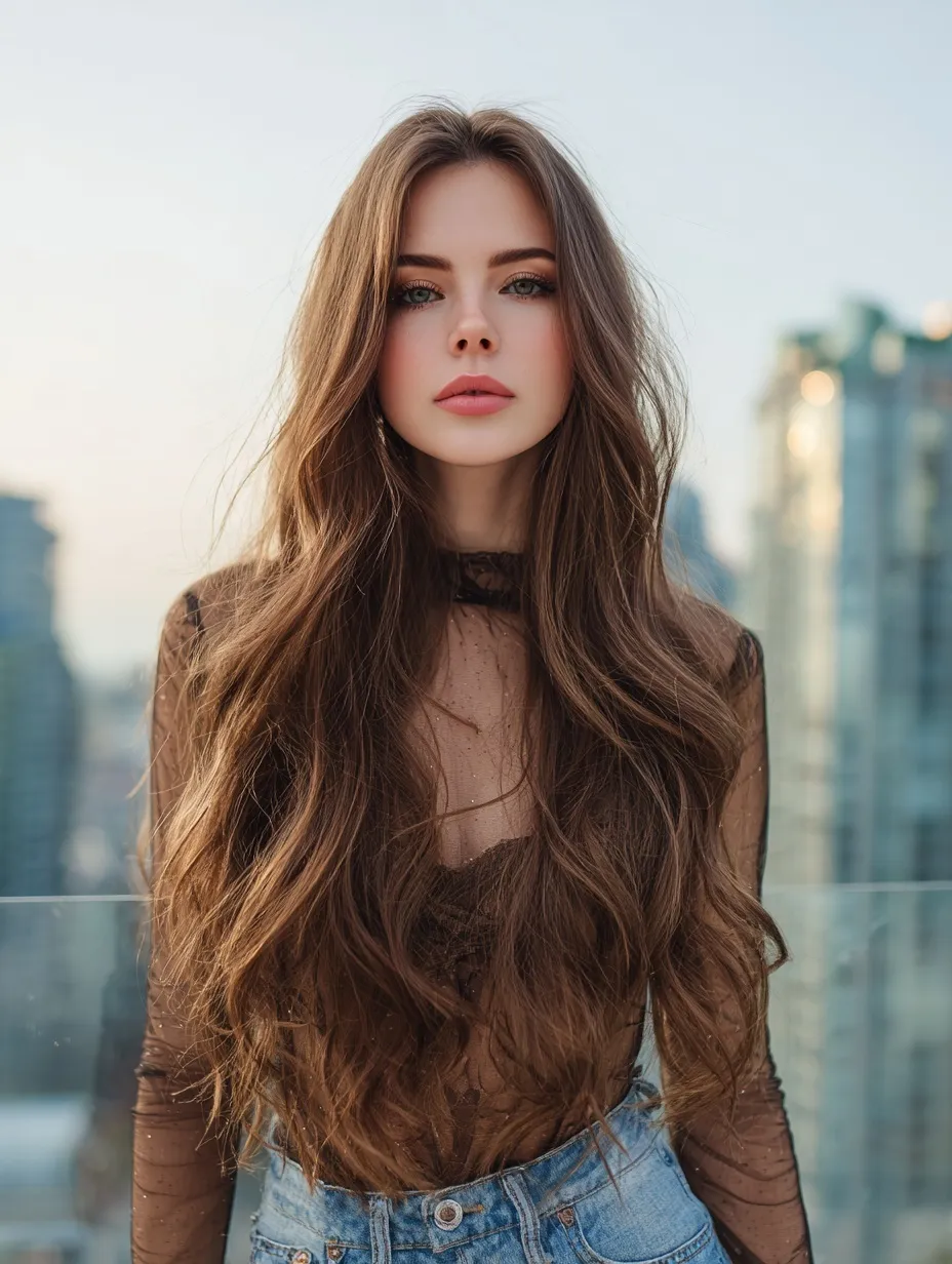Stylish Russian woman with long wavy brown hair and lace-front wig in a chic outfit against a city background.