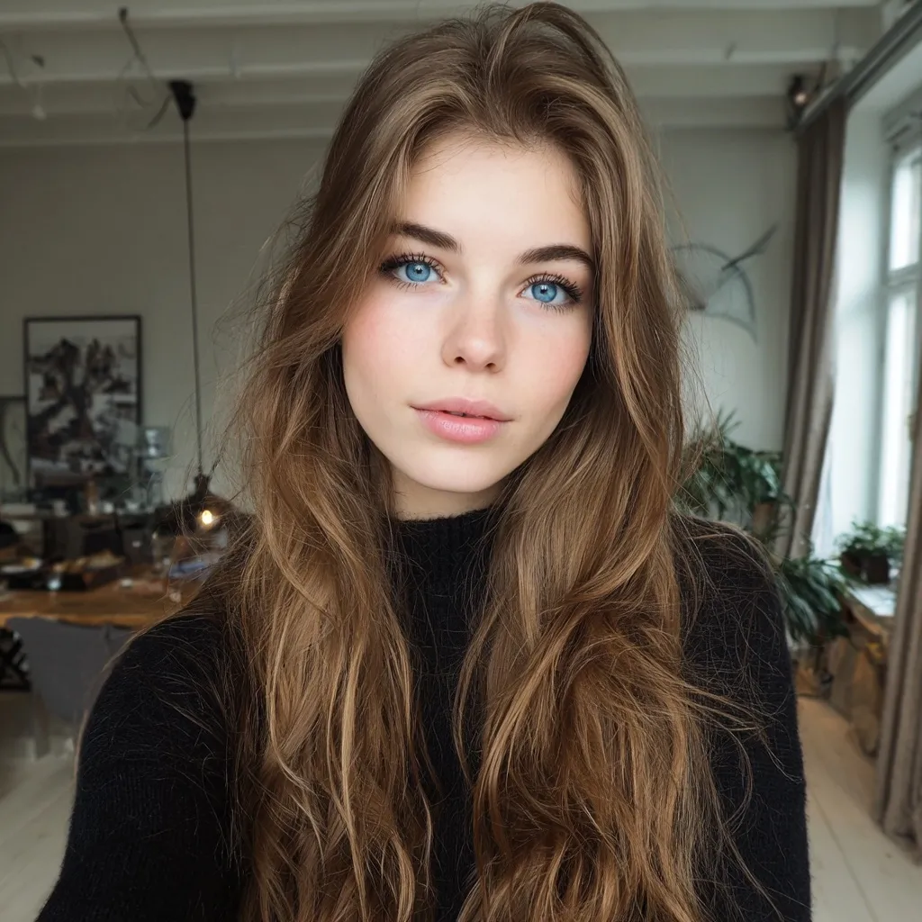 A beautiful 22-year-old woman with light brown long loose waves and blue eyes in an elegant, formal outfit.