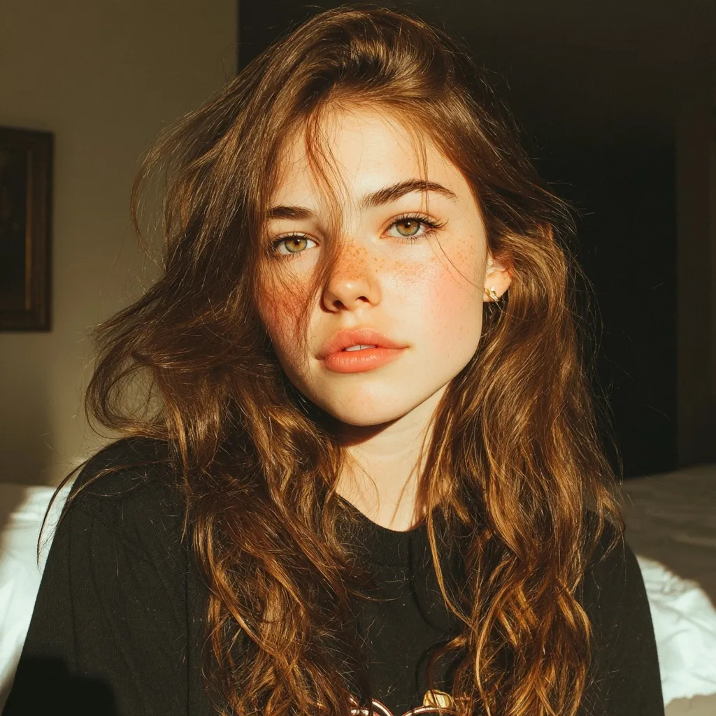 A teenage girl with loose chestnut brown waves and amber eyes sitting in an oversized band t-shirt.