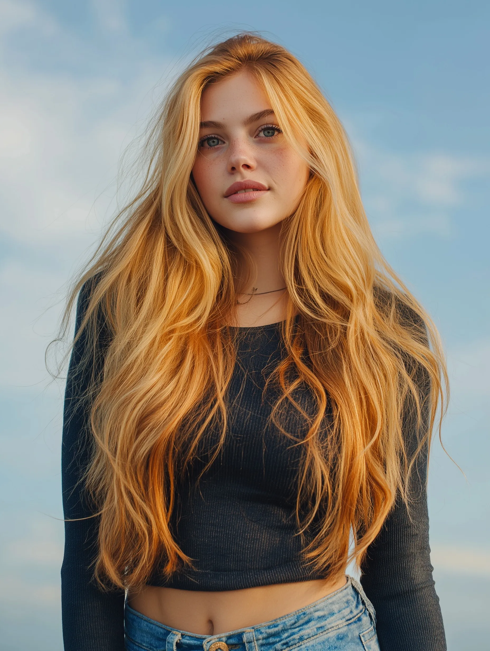 A 22-year-old woman with long blonde hair with ginger streaks and green eyes wearing a crop top and jeans outdoors.