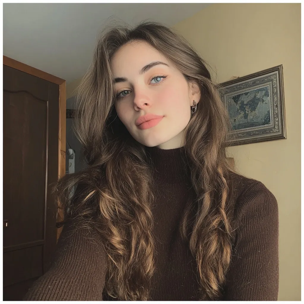 A girl with long brown hair in loose waves taking an aesthetic selfie for a social media profile picture.