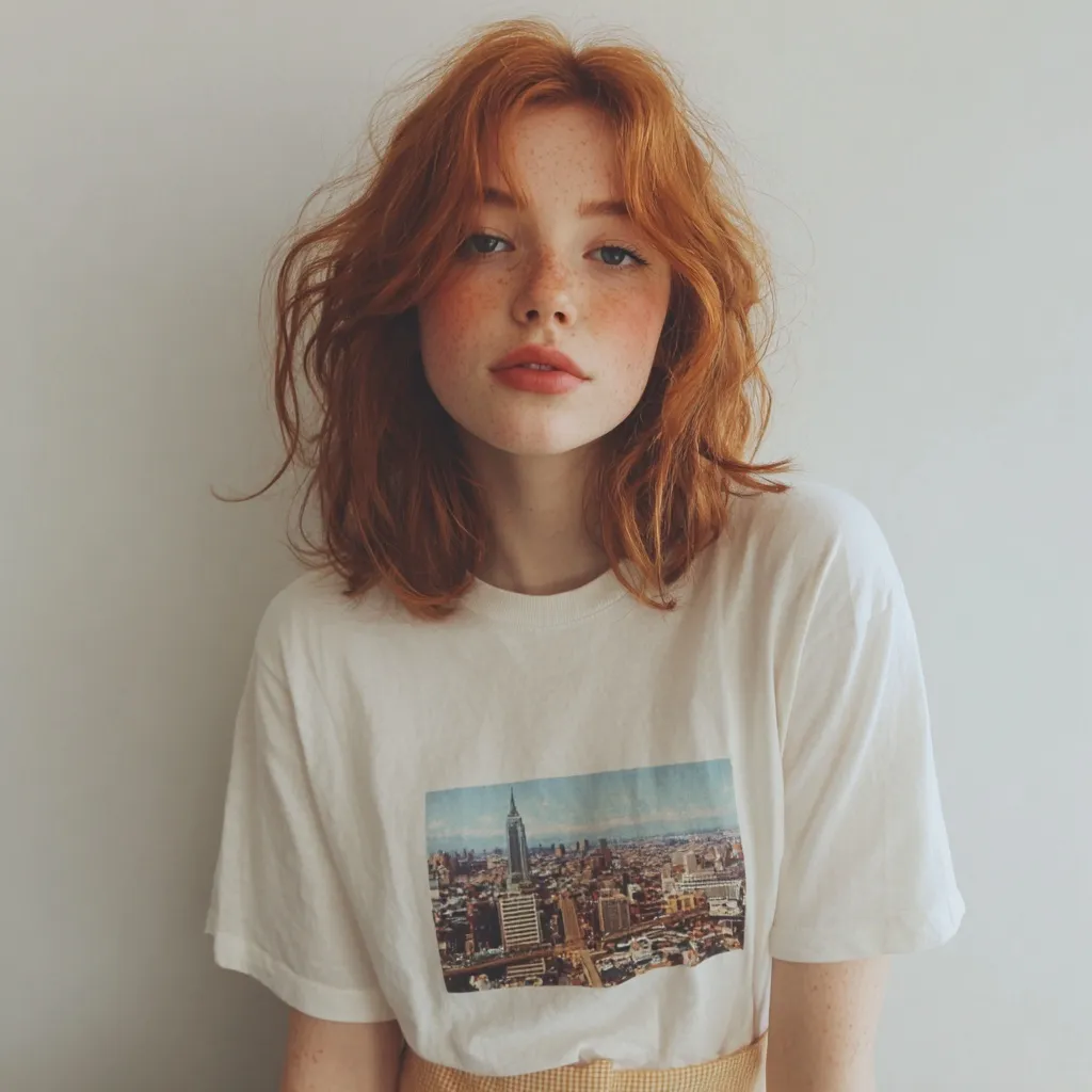 A woman with long wavy red hair wearing a clean white oversized tee against a minimal studio background.
