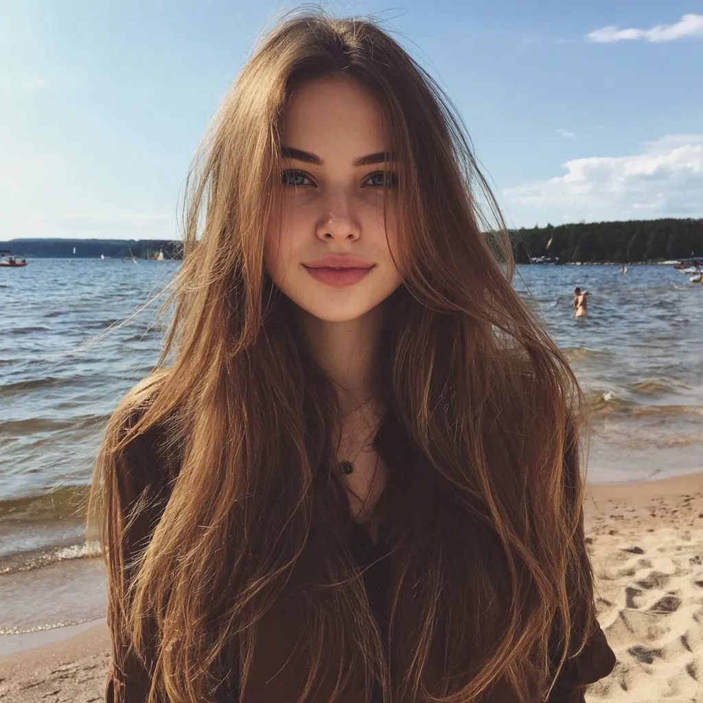 A realistic wide shot of a woman with long wavy brown hair standing in the ocean.