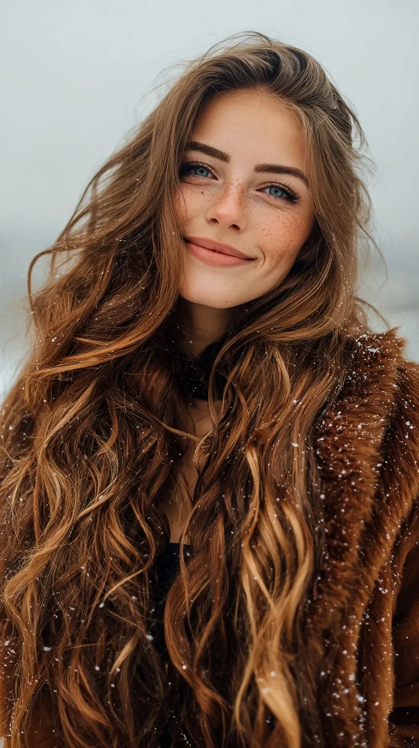 A young woman with long loose wavy hair posing in a stylish winter setting.