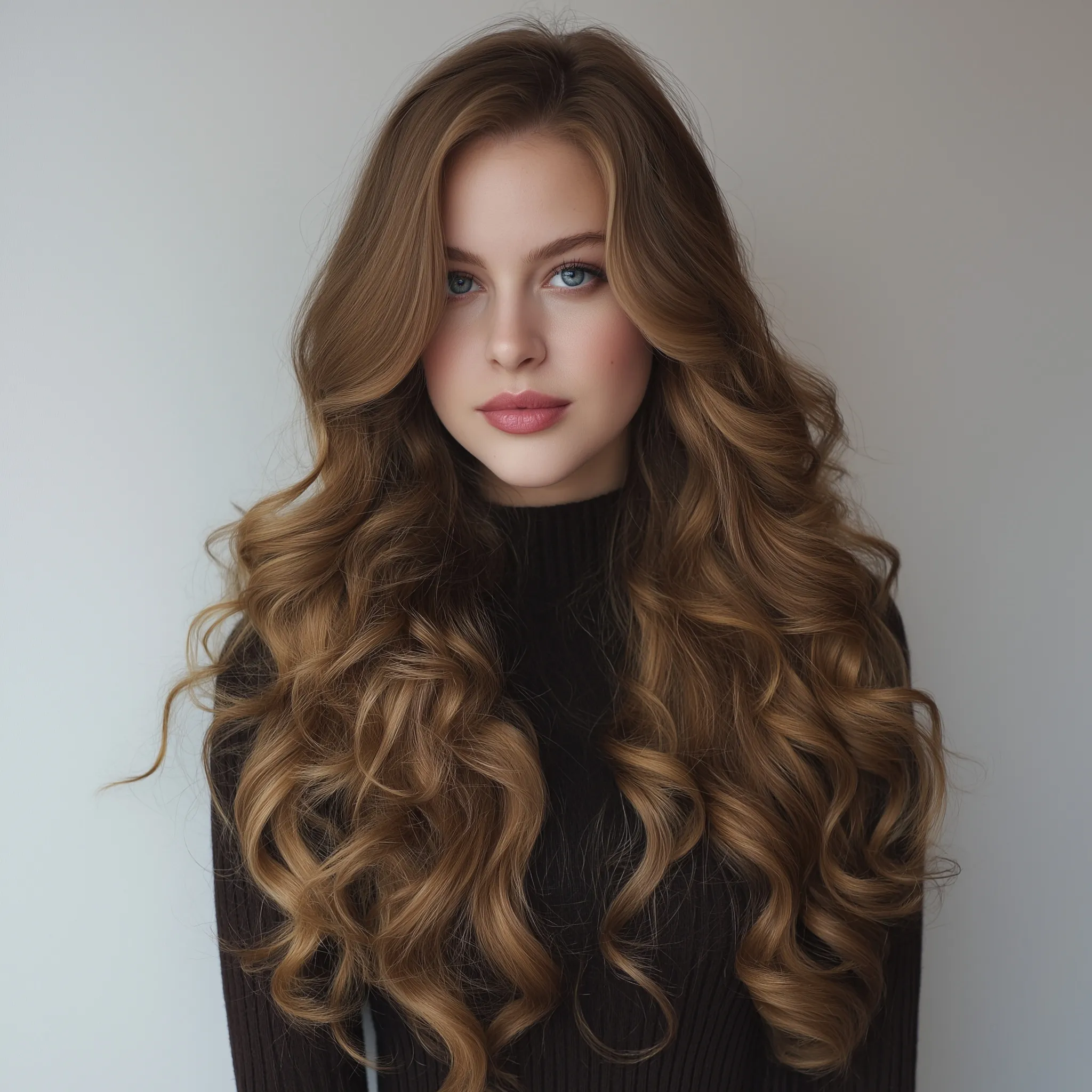 A model with long, flowing loose waves and healthy textured hair.