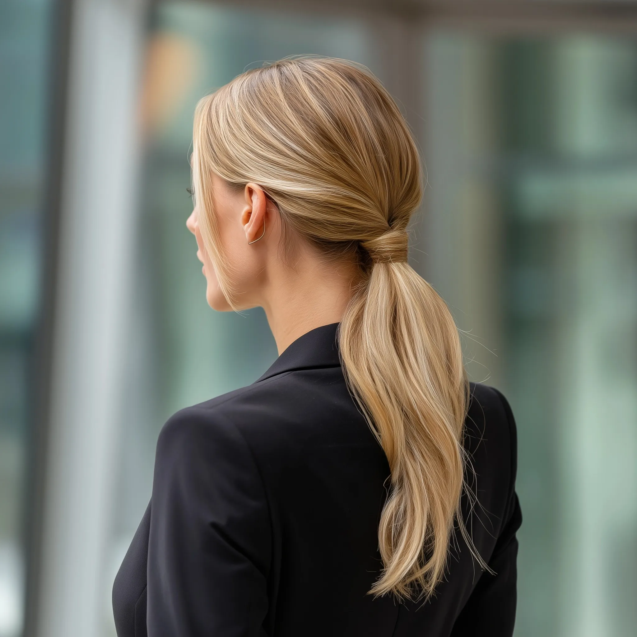 Professional woman with a sleek blonde low ponytail wearing a black blazer in a modern glass-walled office.