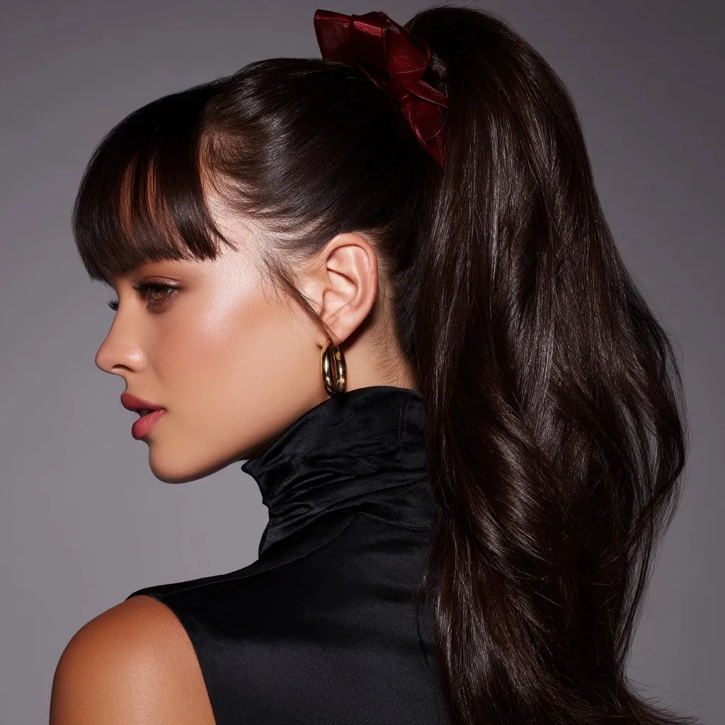 Thick dark brown hair in a high, glossy ponytail with professional root lift clips for a luxury salon style.