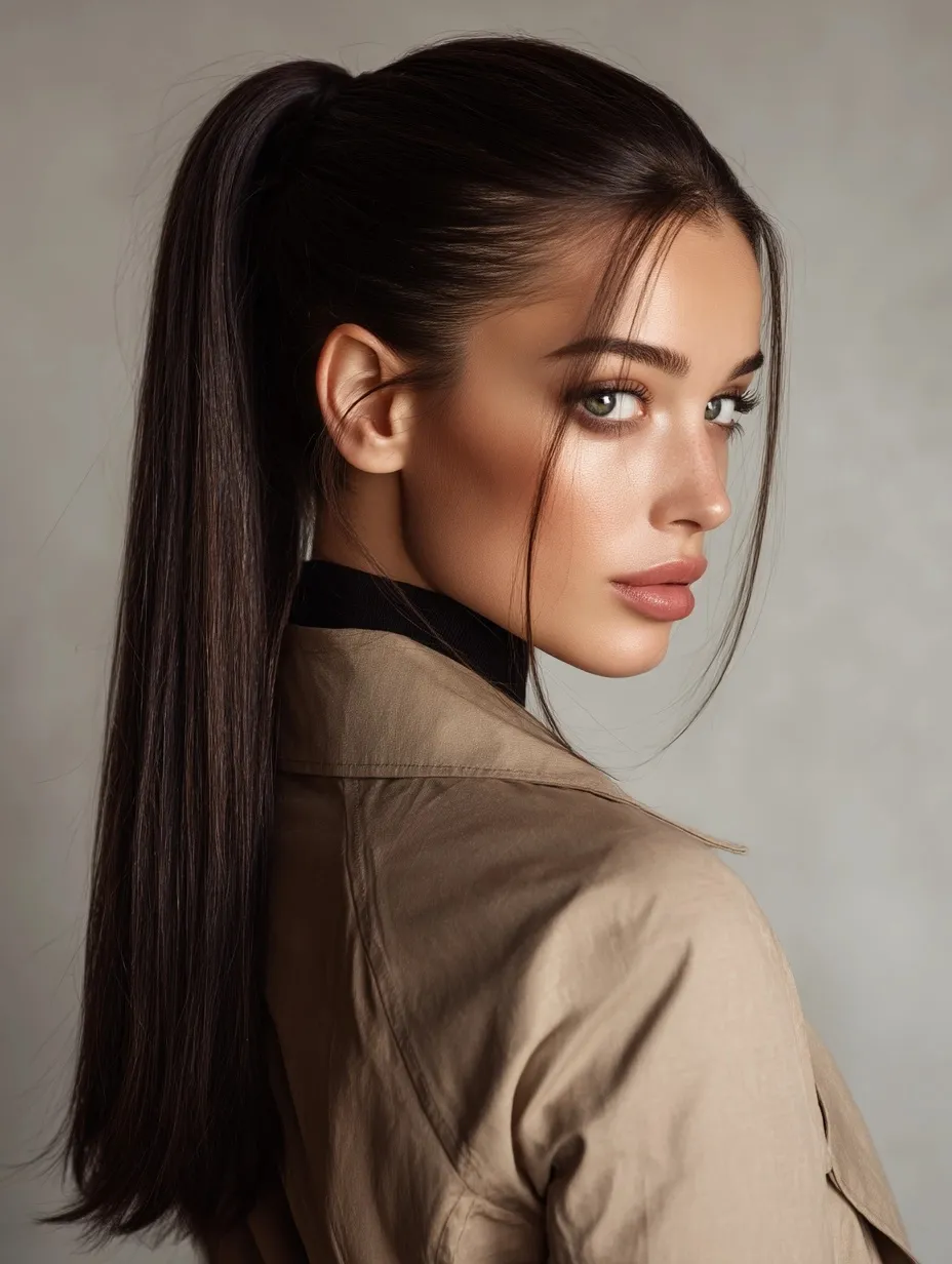 Woman with a dark long straight bouffant ponytail wearing a beige jacket against a light grey studio background.