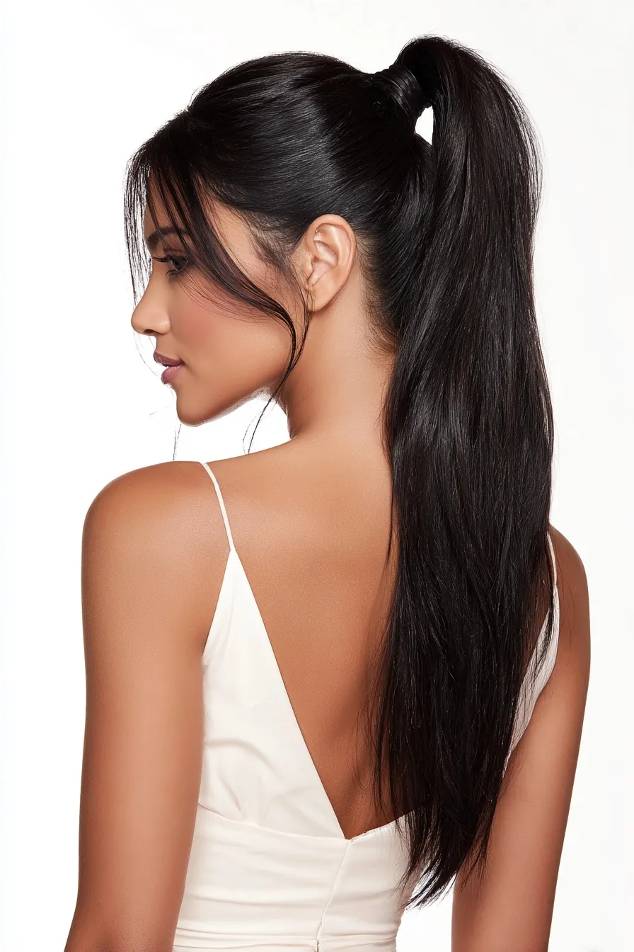 Back view of a woman with long black straight hair in a high ponytail wearing an off-white dress on white background.