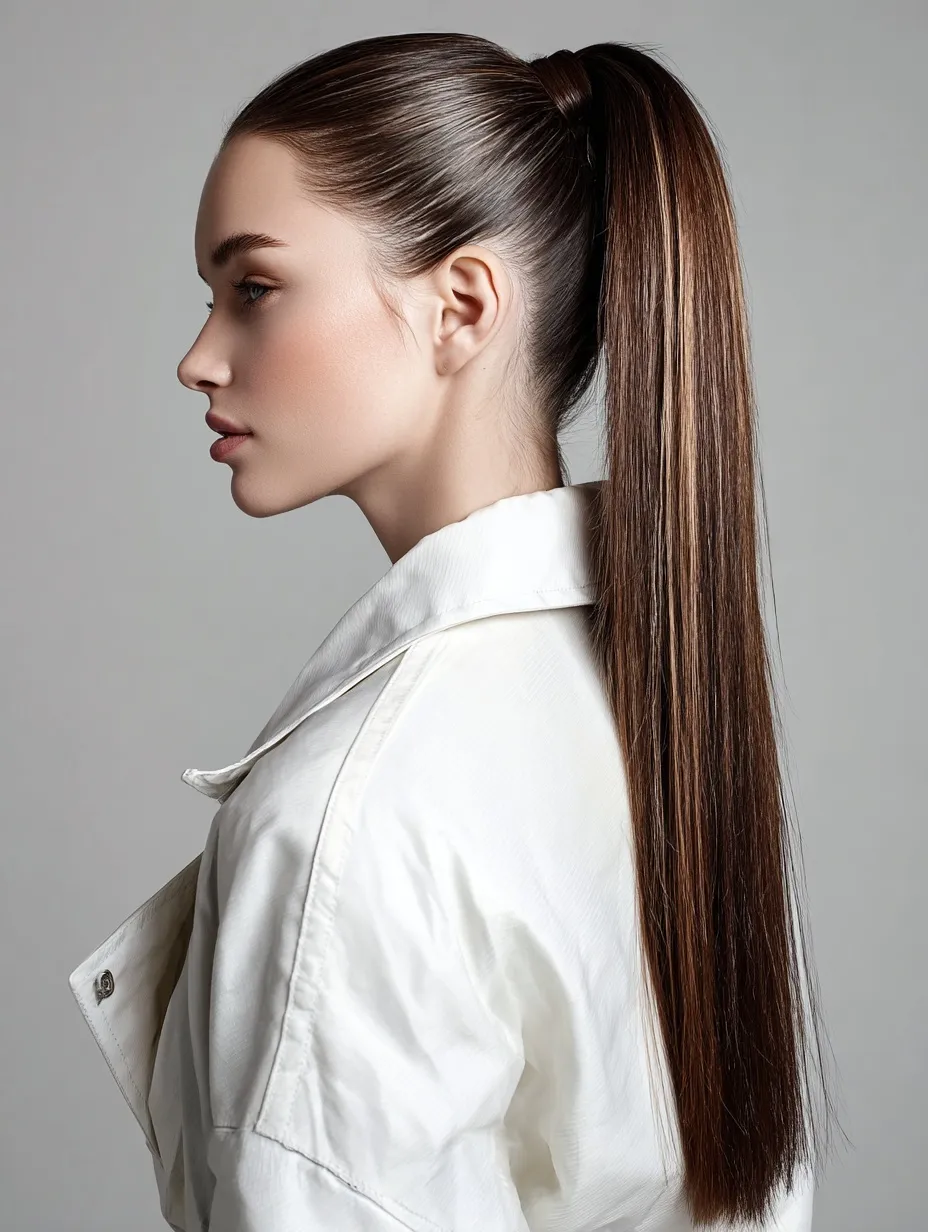A woman with an extra-long ombre bouffant ponytail wearing a white jacket against a professional grey background.