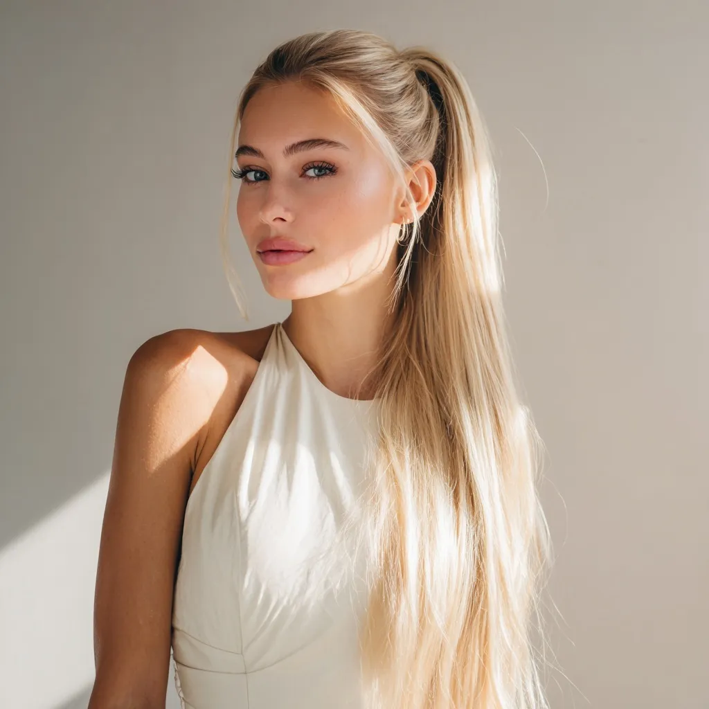 A beautiful blonde influencer with a sleek straight ponytail wearing an ivory dress, soft studio lighting.